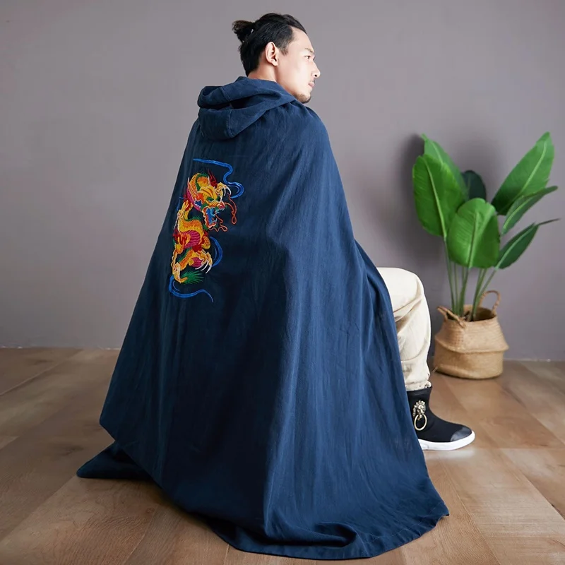 Традиционная китайская одежда для мужчин, мужской длинный плащ, вышитый дракон, кимоно, зимний мужской винтажный халат, Китайский плащ KK3226