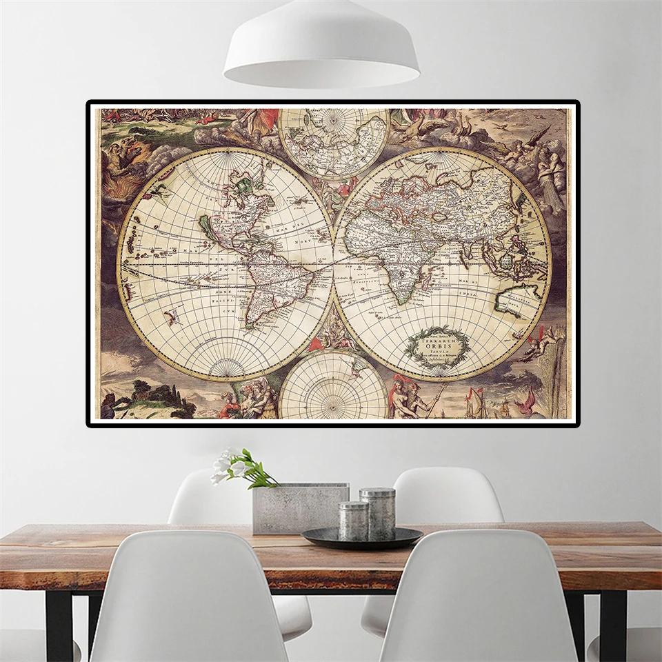 Vintage Map of World Non-woven Canvas Painting Medieval Latin Art Poster Living Room Home Decor School Supplies 150*100cm