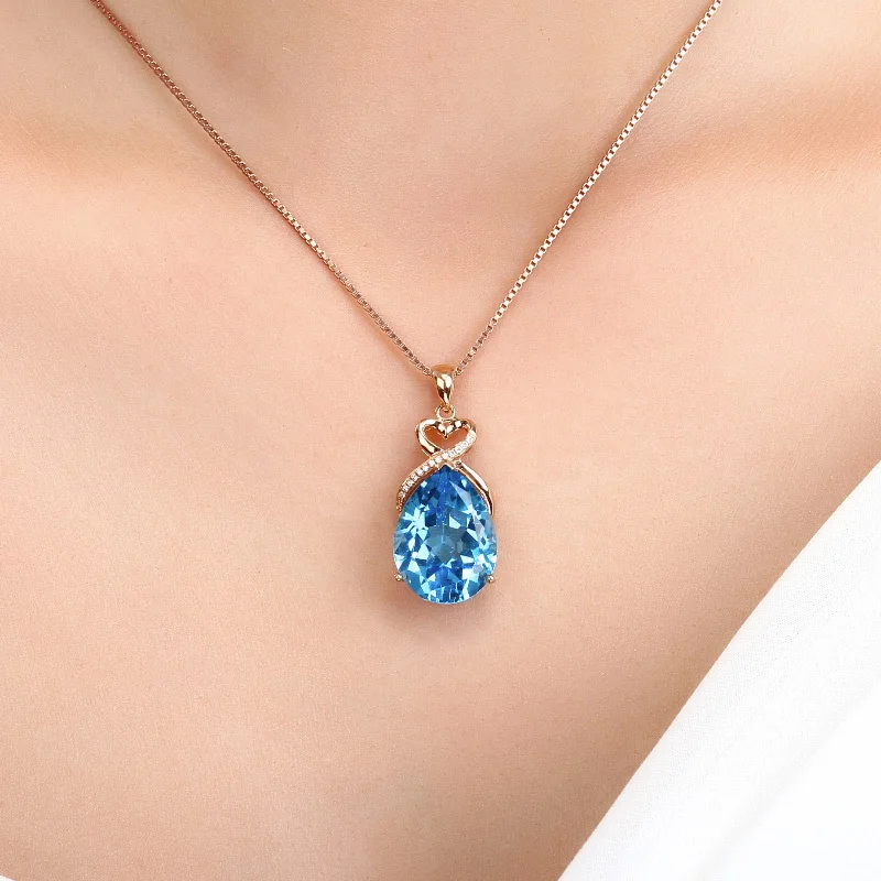 Natural Sapphire 14K Rose Gold Necklace Pendant for Women Bohemia Wedding White Topaz Pure Pendants Fine Fashion Jewelry Luxury pendant necklace gold necklace