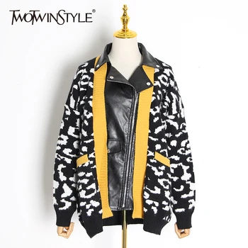 

TWOTWINSTYLE Patchwork PU Leather Leopard Women's Jacket Lapel Collar Long Sleeve Hit Color Loose Casual Female Coats 2020 Tide