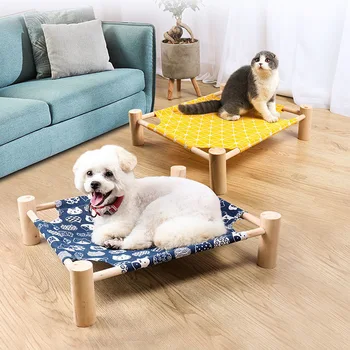 

Simple Wooden Canvas Cat Bed Elevated Cat Hammocks Bed Wood Cat Lounge Bed for Small Dogs Cats Pet Accessories