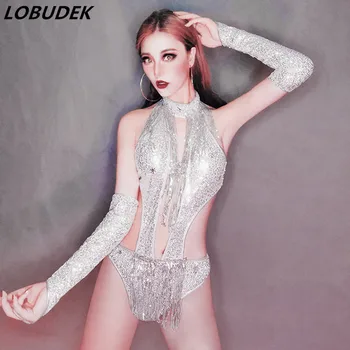 

Bar Nightclub Women Stage Wear Sexy Hollow Out Silver Sequins Fringes Bodysuit Gloves Outfit DJ Jazz Singer Dance Team Costume