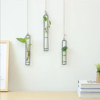 

Creative Wall Hanging Flower Vase Iron Glass Hydroponics Planter Pot Transparent Hanging Flower Bottle Home Ornament Decoration