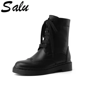 

Salu New Autumn Winter Women Lace Up Ankle Boots Side Zipper Genuine Leather Short Riding Boots Punk Party Casual Shoes Woman