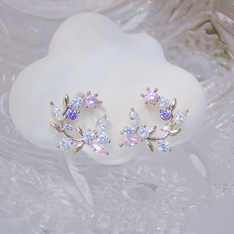 Korea Fashion Jewelry 14K Real Gold Plated Copper Inlaid AAA Color Zircon Earrings Elegant Leaf Women's Wedding Party Earrings - 5