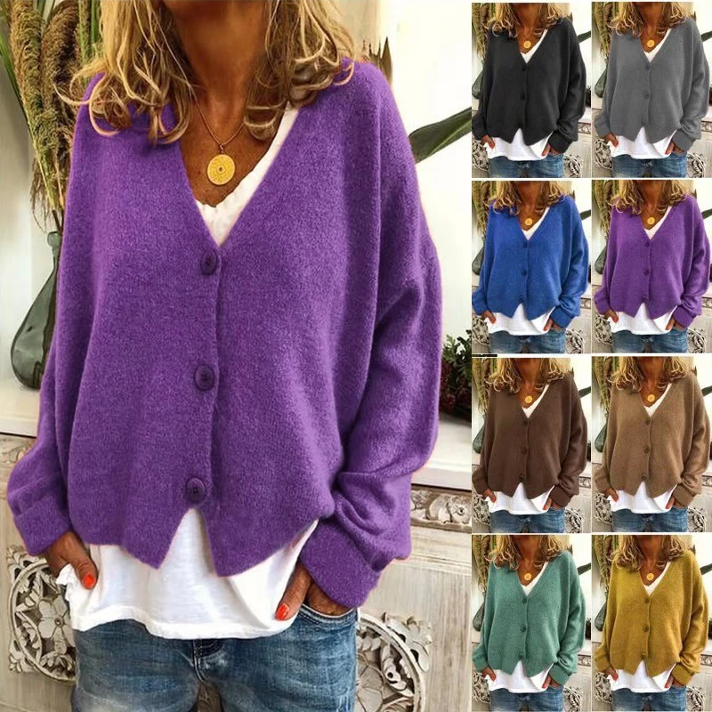 Хит, женский свитер для отдыха, Свободный вязаный кардиган, чистый цвет, свитер, Рождественский женский свитер, подарок - Цвет: Purple