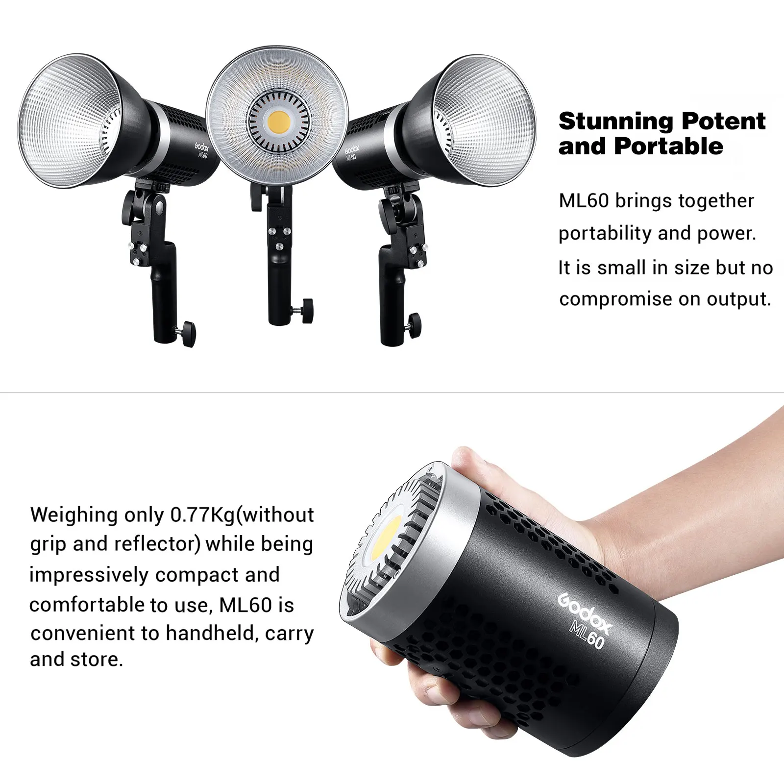 Godox ML60 60W Handheld LED Video Light CRI96+ w