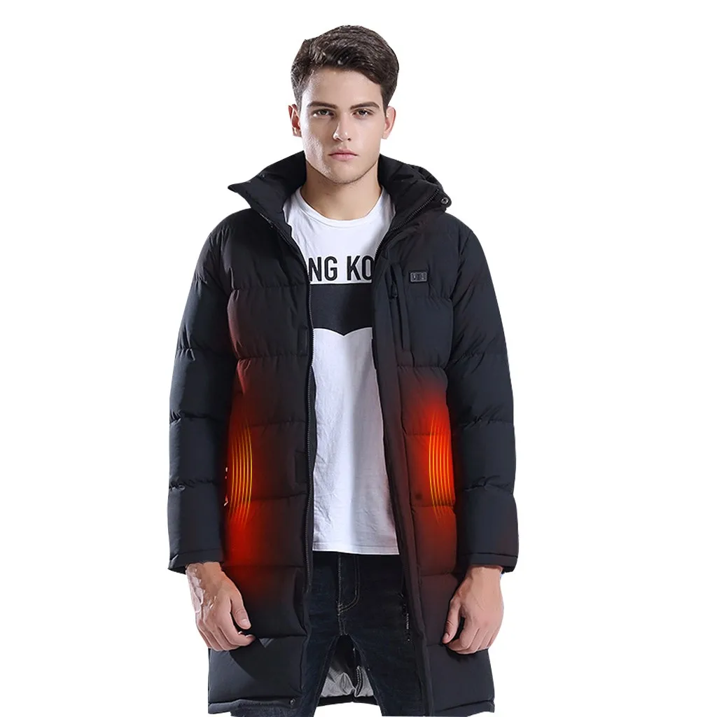 Feitong Смарт USB Электрический нагрев куртка для мужчин Высокое качество сплошной черный теплый пуховик на молнии мужской топ с капюшоном толстое длинное пальто
