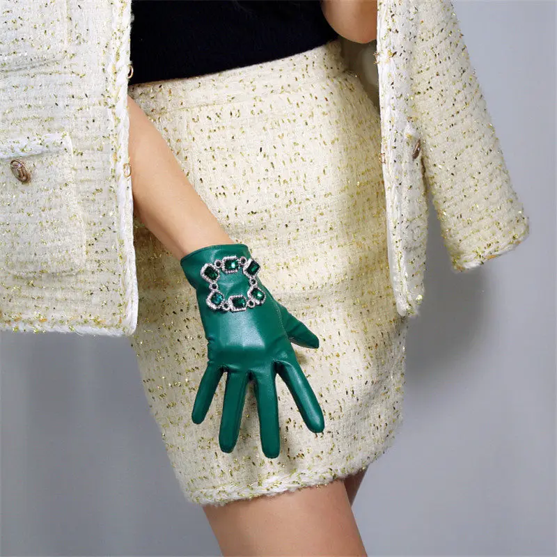 Кожаные перчатки для сенсорного экрана длиной 2" 50 см из имитации кожи ягненка темно-зеленые женские перчатки с длинным рукавом WPU162 - Цвет: 21cm Square button
