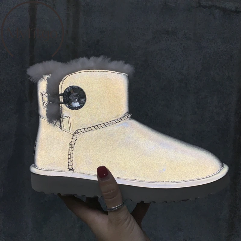 

Free Shipping Womens Boots Winter Warm Snow Boots Female Reflective Material Genueine Lamb Fur Ankle Boots for Women Botas Mujer