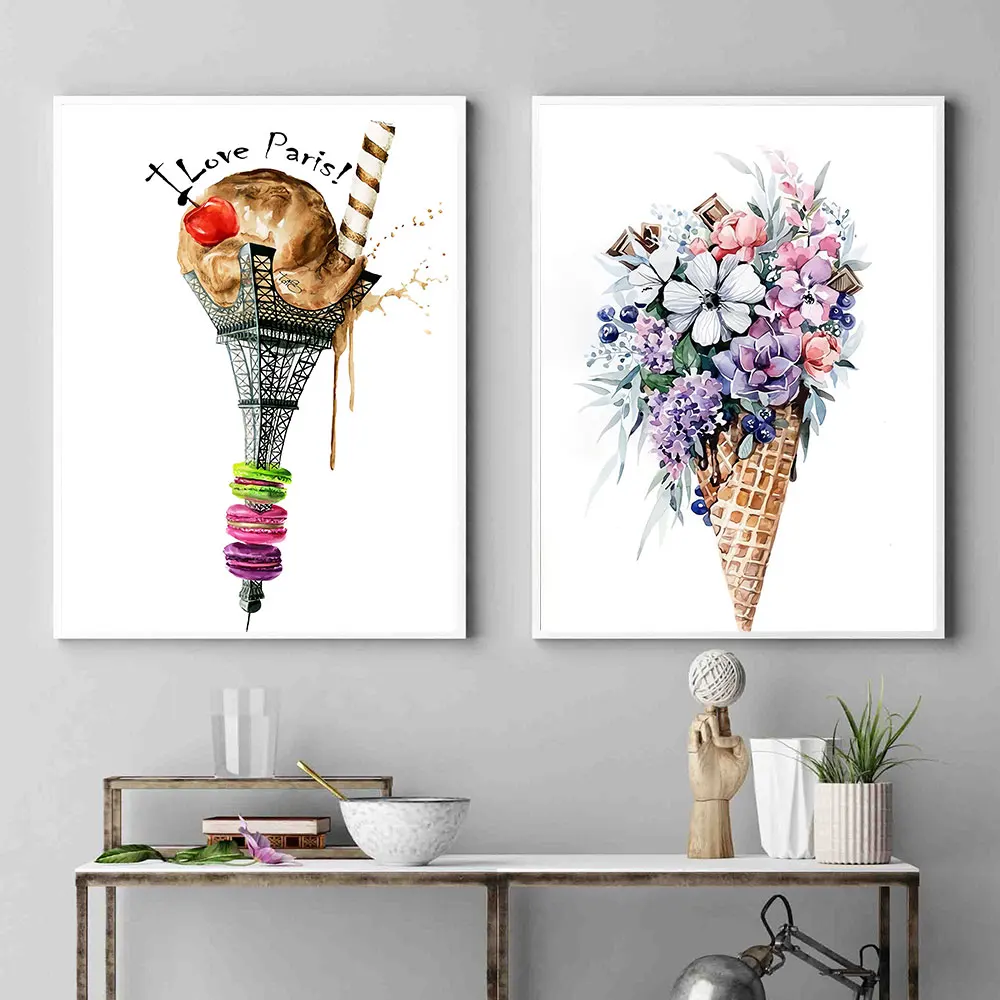 

I Love Paris Poster and Prints Sweet Ice Cream Painting on The Wall for Home Decor Pink Flower Decoration Picture Metal Frame