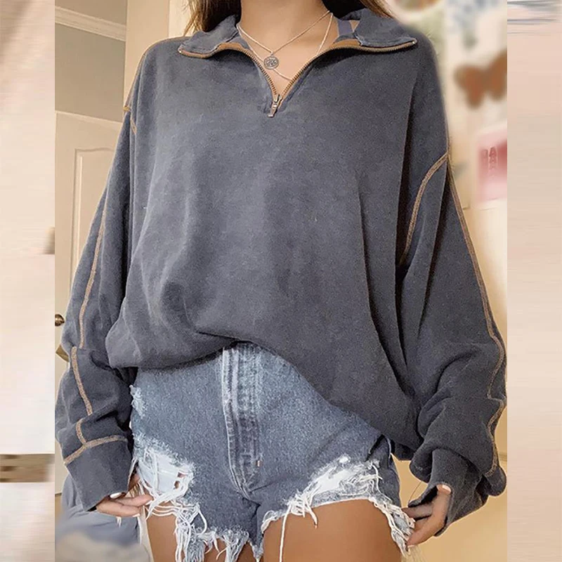 

Gray Zipper Lapel Pullover Vintage Oversized Sweatshirt Women Autumn New Design Simple Long Sleeve Casual Streetwear Clothes