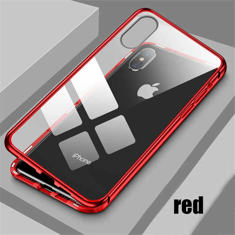 red Чехол из закаленного стекла с магнитной адсорбцией для iPhone 11 Pro X XR XS Max металлический противоударный чехол для iPhone 6 6S 7 8 plus задняя крышка - Цвет: red