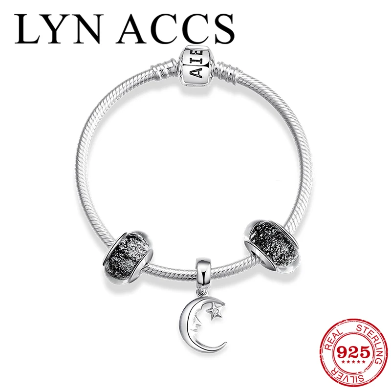 New 925 Sterling Silver Bracelets Bangles for Women Murano Glass Bead Moon Pendant Snake chain Bracelets Femme Fine Jewelry Gift