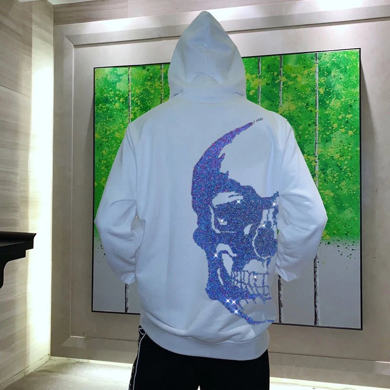 

Training Sweatshirt Loose Pullover Black And White Hot Diamond Style New Skull Print Men's Hoodie