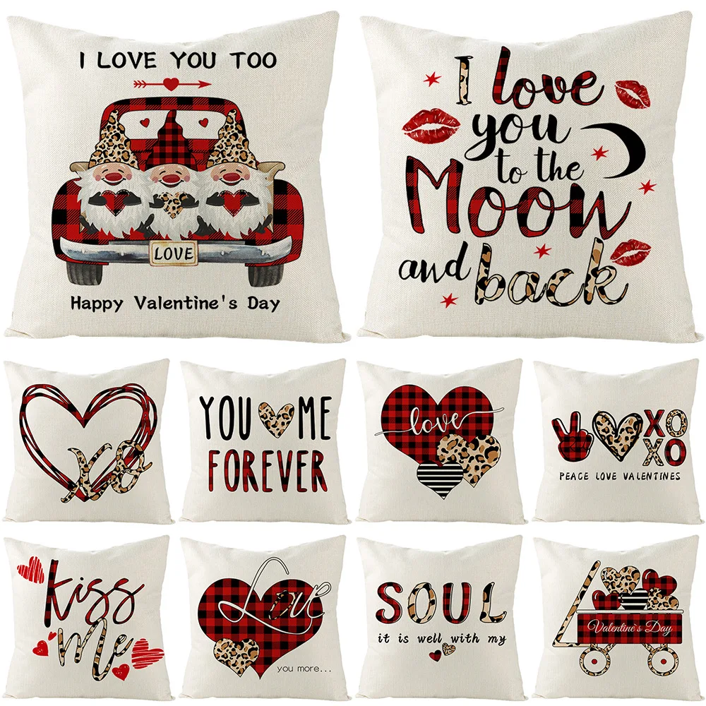 

Valentine's Day Decor Cushion Cover 18x18in Square Pillowcase Holiday Decorative Cushion Case Heart Printed Linen Pillow Cover