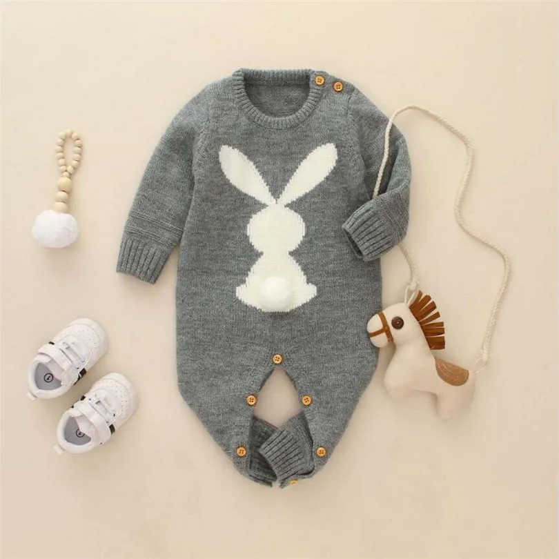 Gray Knitted Baby Romper Girl Autumn Winter Newborn Baby Clothes Rabbit Animal Cotton Baby Boy Romper Infant Baby Jumpsuit For Boy - Color: Gray