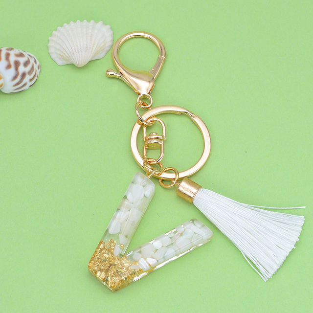 Gold Tassel Alphabet Keychain English Letter Keyring Glitter Gradient Resin Gold Leaf Crafts Car Mirror Handbag Charms
