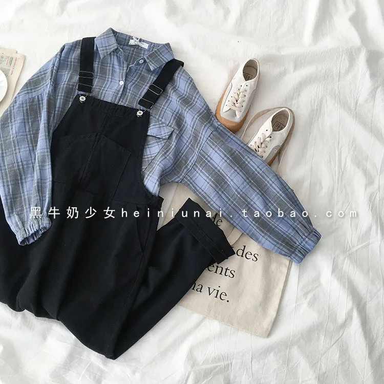 Harajuku повседневный комбинезон, женский летний комплект из двух предметов, модная Синяя Клетчатая блуза с длинным рукавом+ черные свободные длинные штаны, летний комплект
