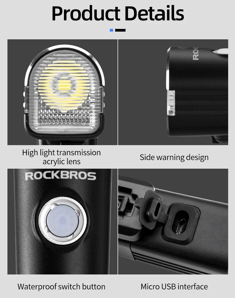 ROCKBROS Bike Light Rainproof Bicycle Front Lamp USB Charging Headlight 800 Lumen Multiple Modes Flashlight Cycling Accessories