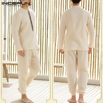

INCERUN Men Pajamas Sets Button Long Sleeve Solid Sleepwear Homewear Pants 2 Pieces Cotton Cozy Vintage Men Nightwear Sets 5XL