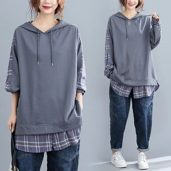 

COIGARSAM Plaid blouse women New Spring Hooded Patchwork Loose blusas womens tops and blouses Gray 969