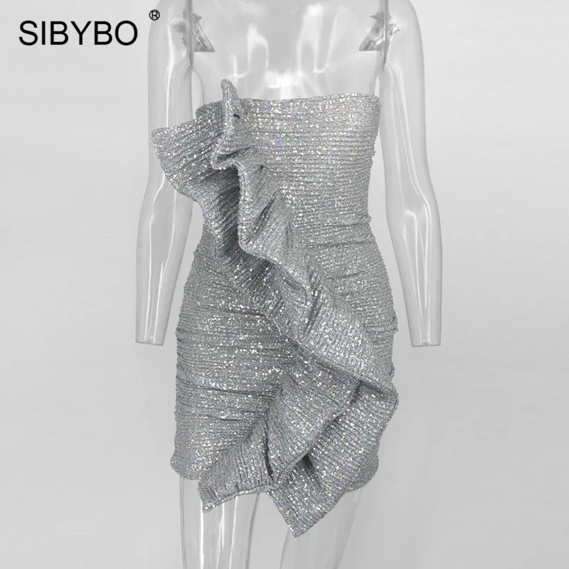 SIBYBO оборками и блестками без бретелек пикантные вечерние платье с открытыми плечами без рукавов Летнее женское платье с низким вырезом на спине мини пляжные повседневные платья