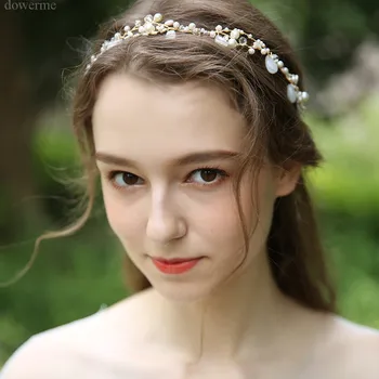 

2020 Gorgeous Gold Pearls Wedding Headband Hair Accessories Handmade Bridal Hair Vine Headpiece for Women Party Prom