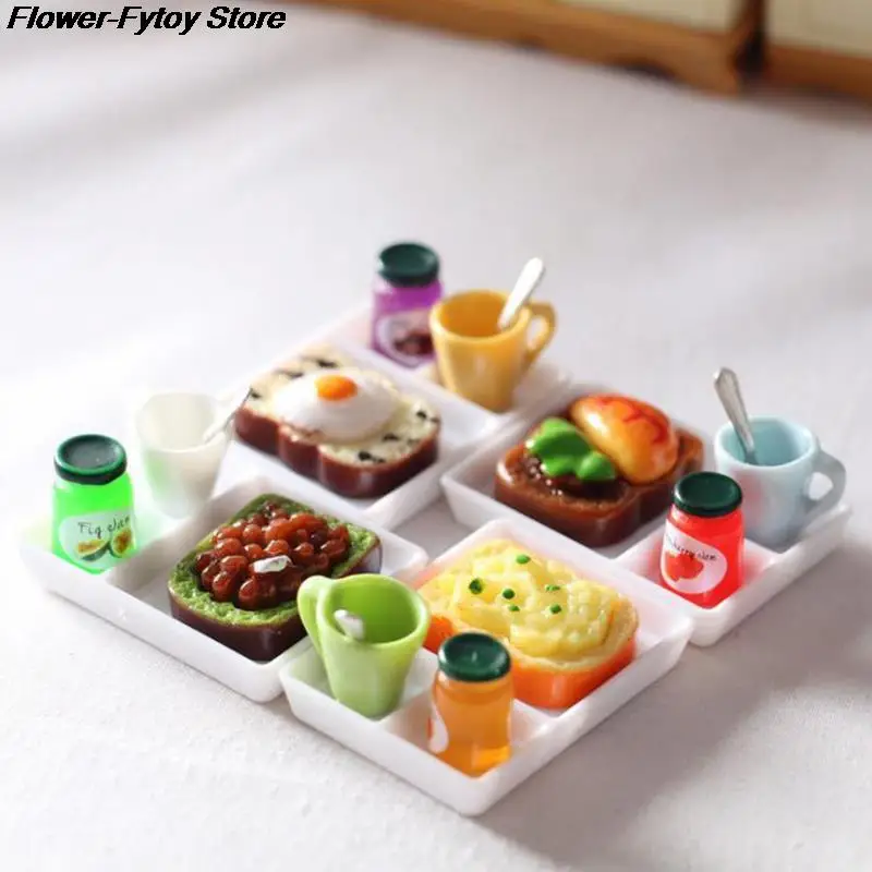 

5pcs/set Dollhouse MIniature Toast Bread Jam Dinner Plate Cup Spoon For Doll House Play Kitchen Accessoreis Multicolor