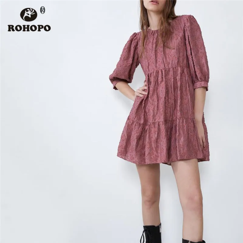 ROHOPO мини-платье с коротким рукавом и круглым воротником из кареточной ткани в