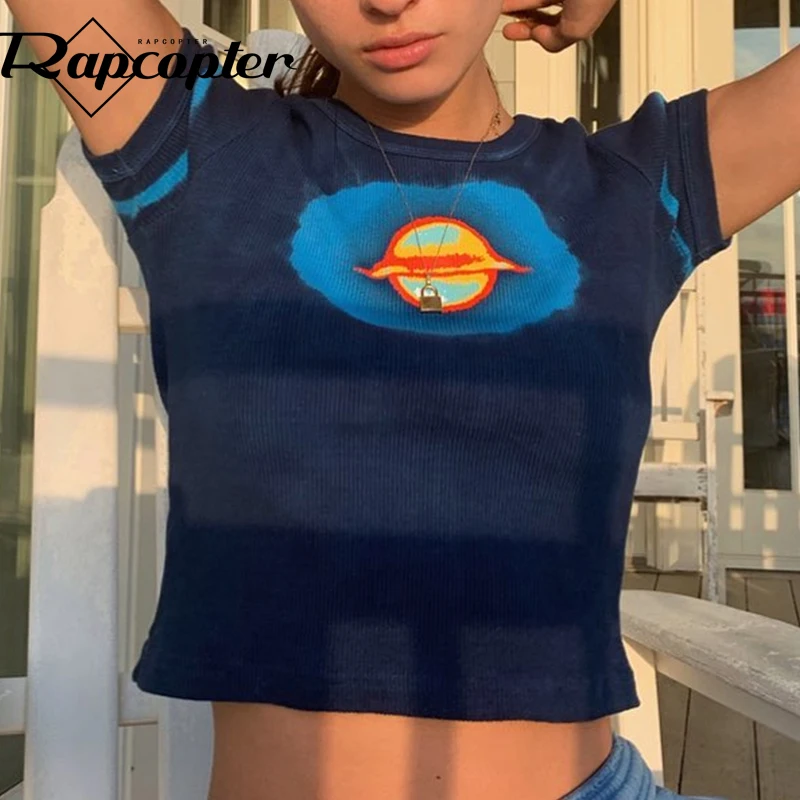 Rapcopter Printed Crop Top y2k Knitted T Shirt Harajuku Tee Top Short Sleeve Tshirt O Neck Pullovers Women Casual Cute Top 90S