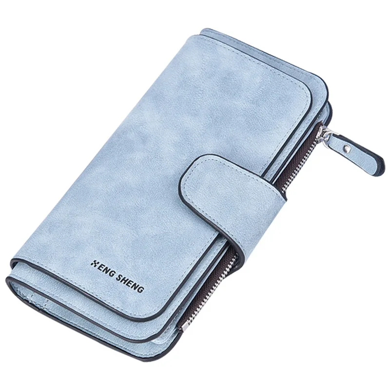 MoneRffi Women's Soft Leather Long Wallet Credit Card Clutch Purse Women's Wallet Matte Card Bag Buckle Multi-function Wallet - Цвет: light blue