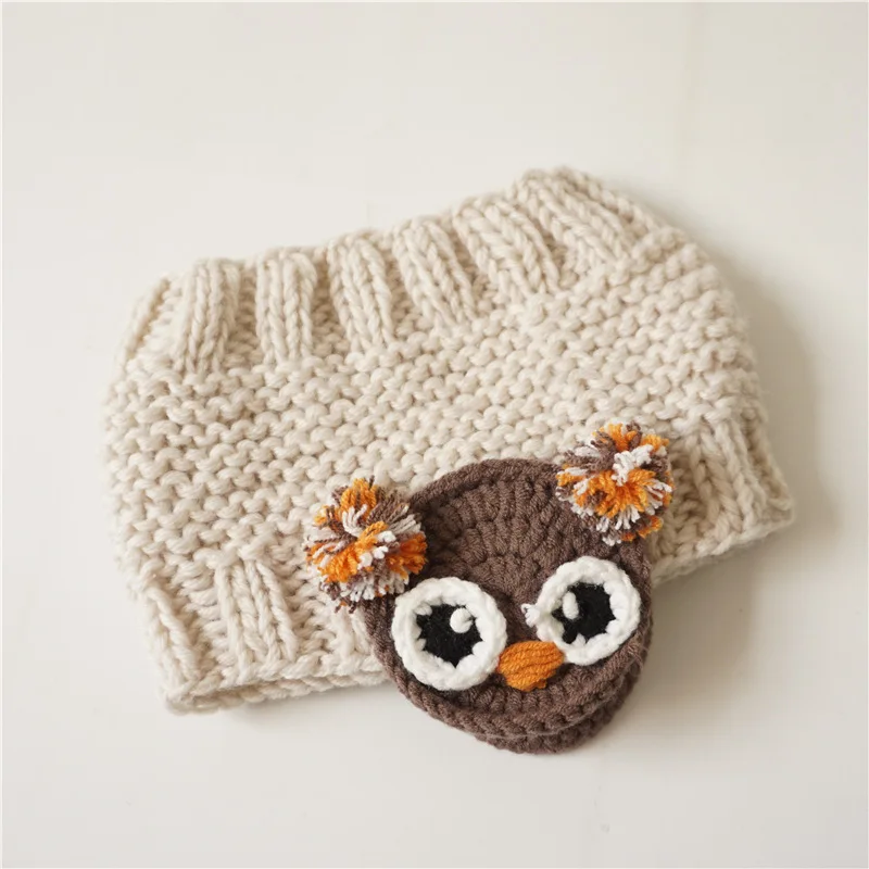 Симпатичные шляпы для детей на осень и зиму, теплые шапки с ушками животных из мультфильмов для детей, милые зимние вязаные шапки, одноцветные шапочки из грубой шерсти, Пустой Топ - Цвет: Owl