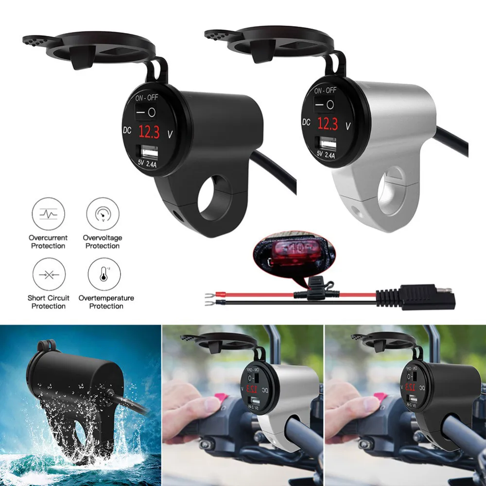 

2.4A DC12V Aluminum Alloy Motorcycle Waterproof Mobile Phone Charger Digital Display Voltage Car USB with Power Off Switch