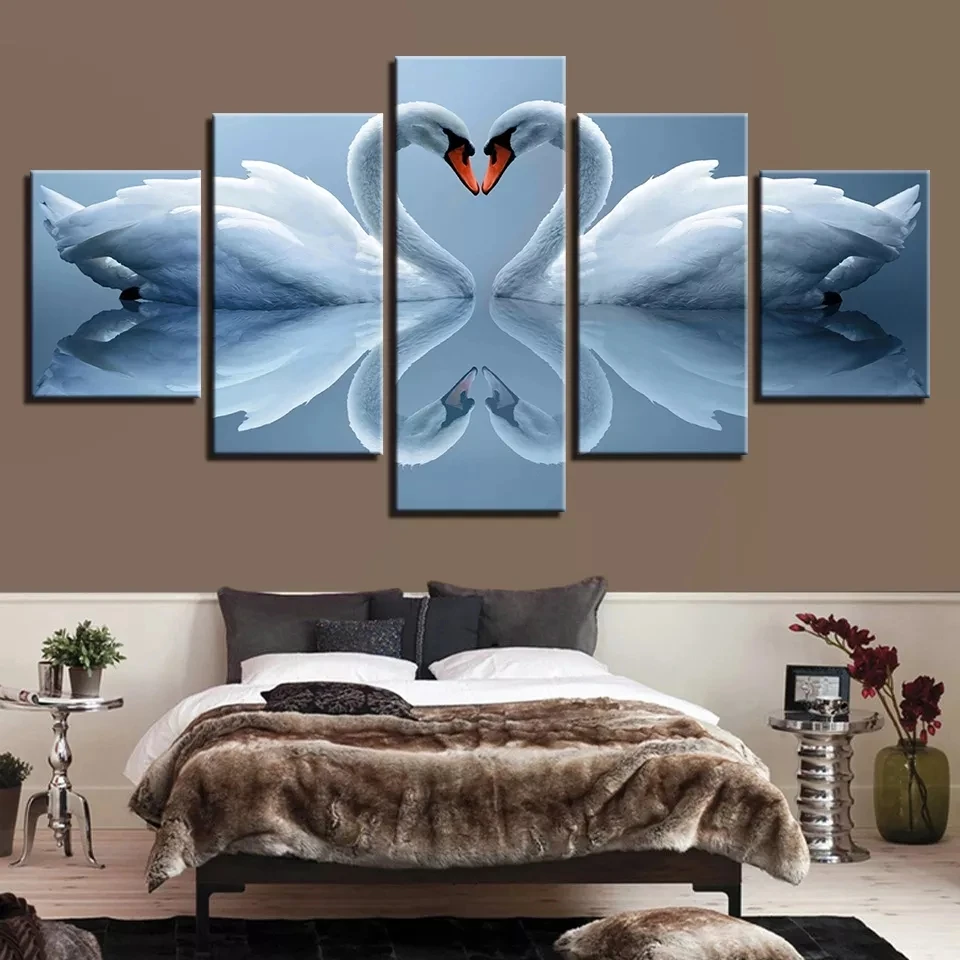 5 Panel White Swan Couples Hd Canvas Framework Wall Art Prints Poster Modern Modular Picture For Living Room Home Decor Paintin | Дом и сад