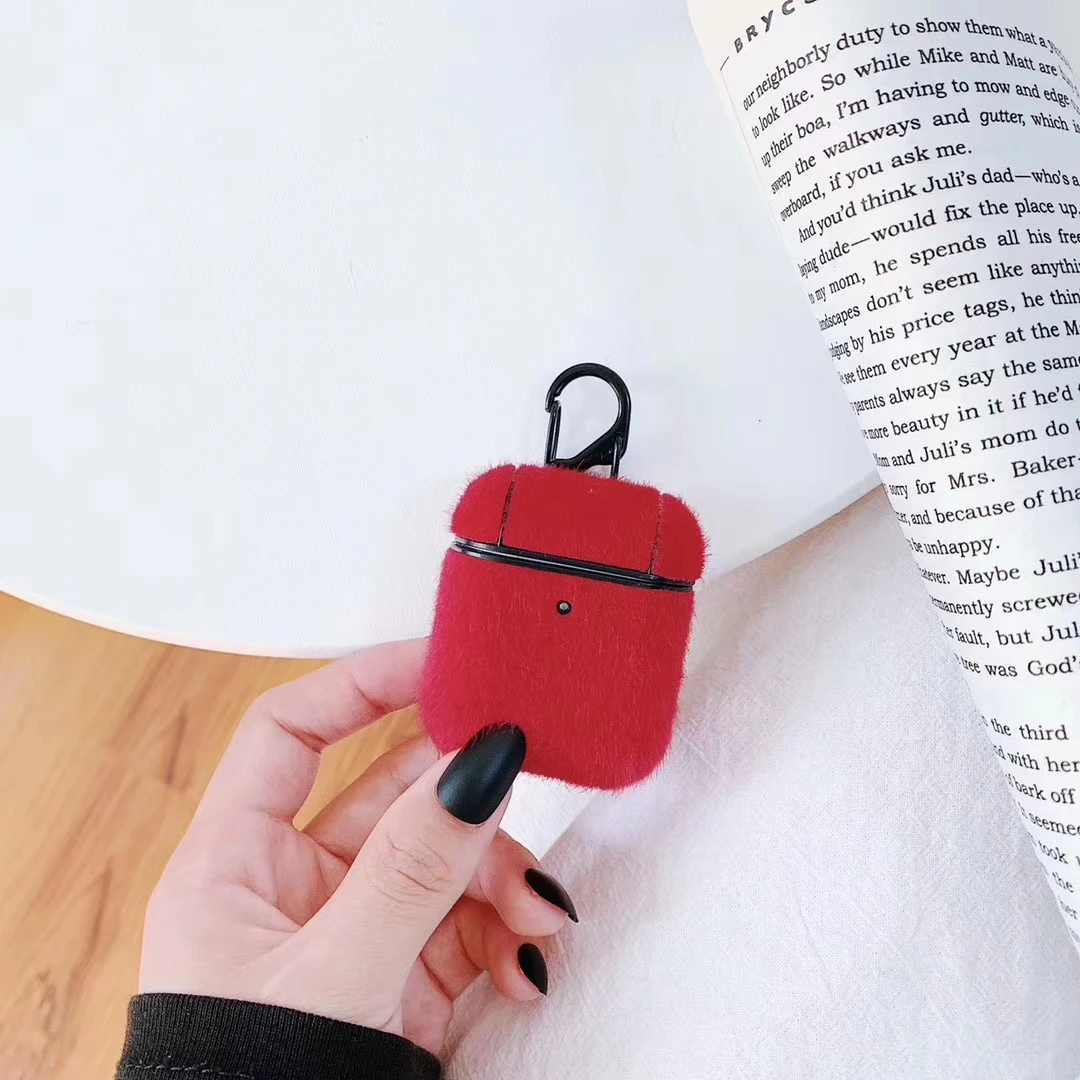 Зимний пушистый велюровый чехол для наушников Airpods 1 2 Чехол простой карамельный цвет теплый чехол для наушников встроенный крючок для наушников Подарочный чехол