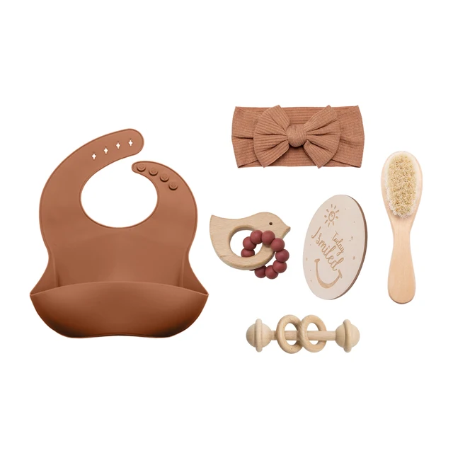 1set Baby Care Products Silicone Bibs Headband Baby Milestones Brush Rattle Bracelet Photography Props Set Birth Product Gifts bird