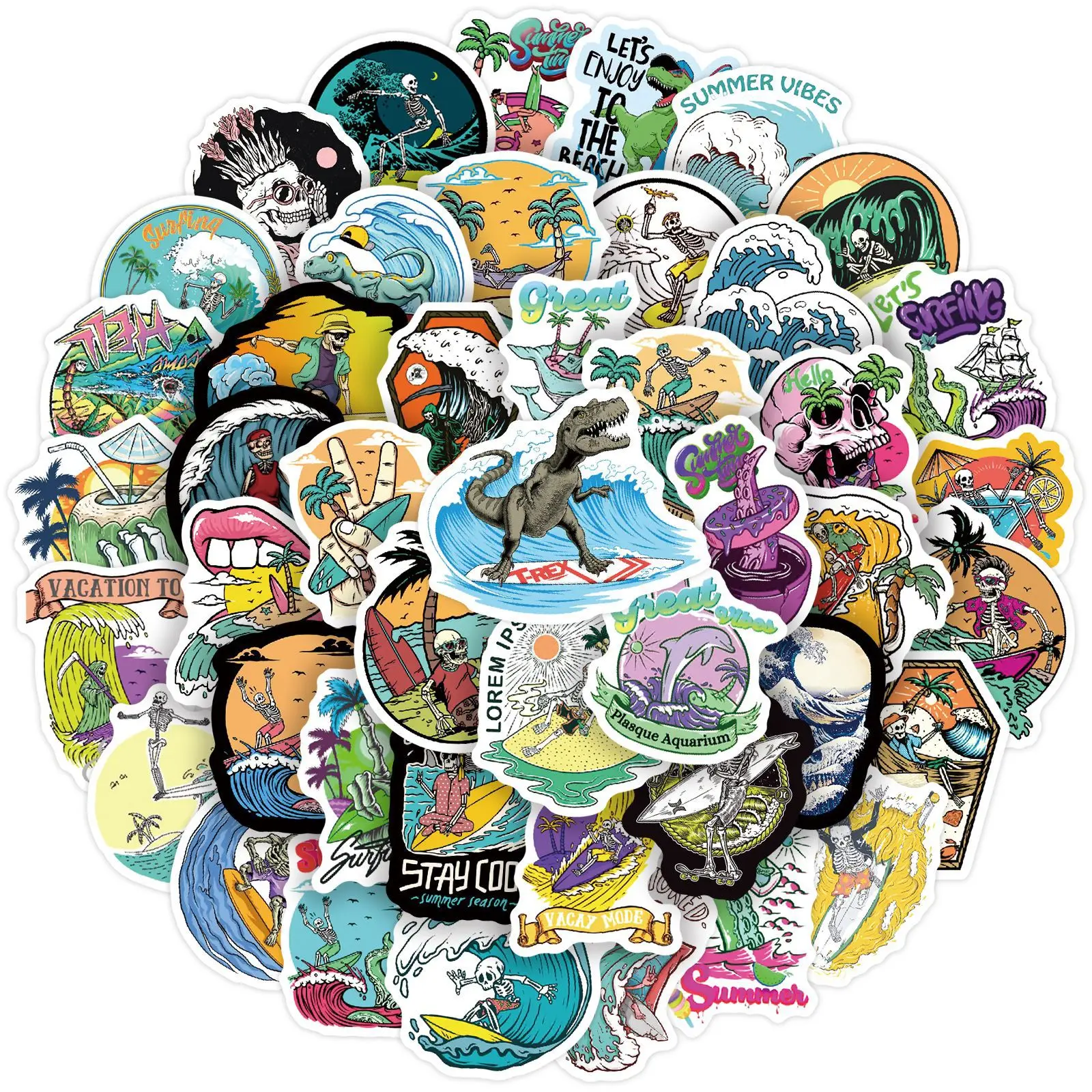 10/30/50pcs Funny Summer Skull Surfing Stickers Beach Travel Graffiti Surf Sticker for Surfboard Laptop Car Bicycle Water Bottle