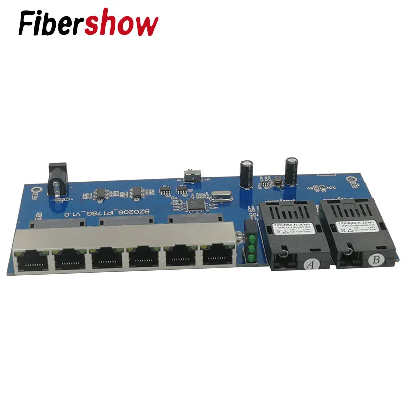 Оптоволоконный переключатель Ethernet 6 RJ45 2 SC оптический медиа конвертер одномодовый волоконно-оптический Порты и разъёмы PCB 10/100 м - Цвет: only the PCBA
