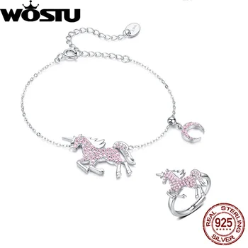 

WOSTU 100% Real 925 Sterling Silver Unicorn Rings & Bracelet Jewelry Sets For Women Fashion Jewelry Engagement Gift XCS147