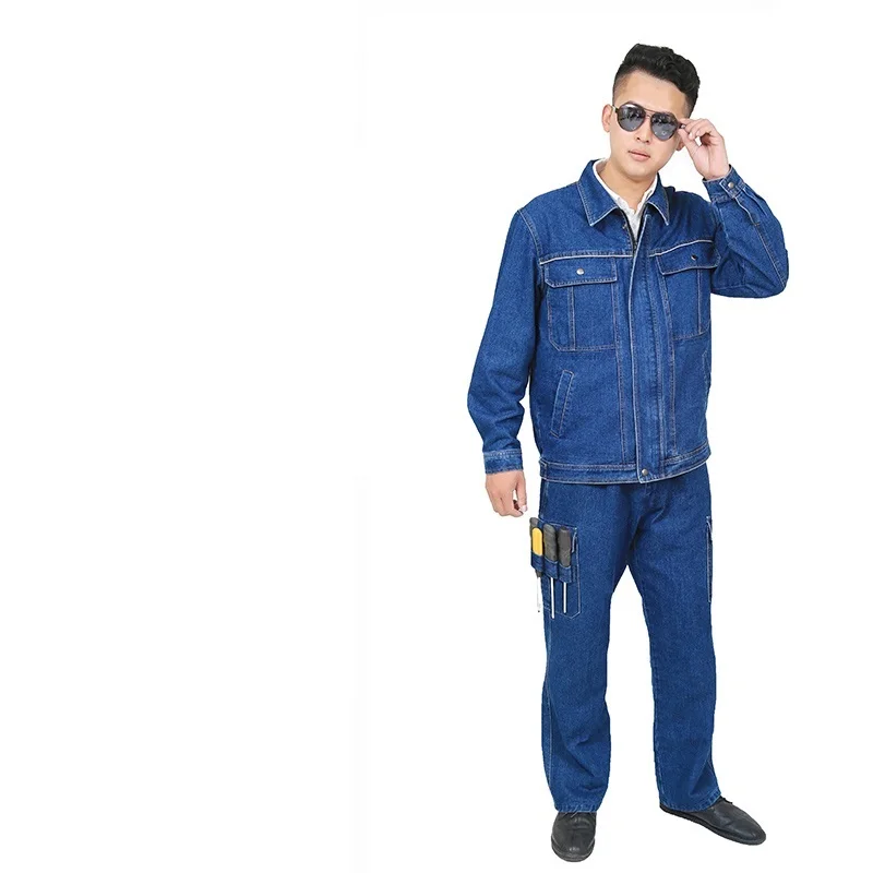 용접 의류 데님 작업복, 긴 소매 내구성 내마모성 청바지 재킷 바지, 멀티 포켓 전기 수리공