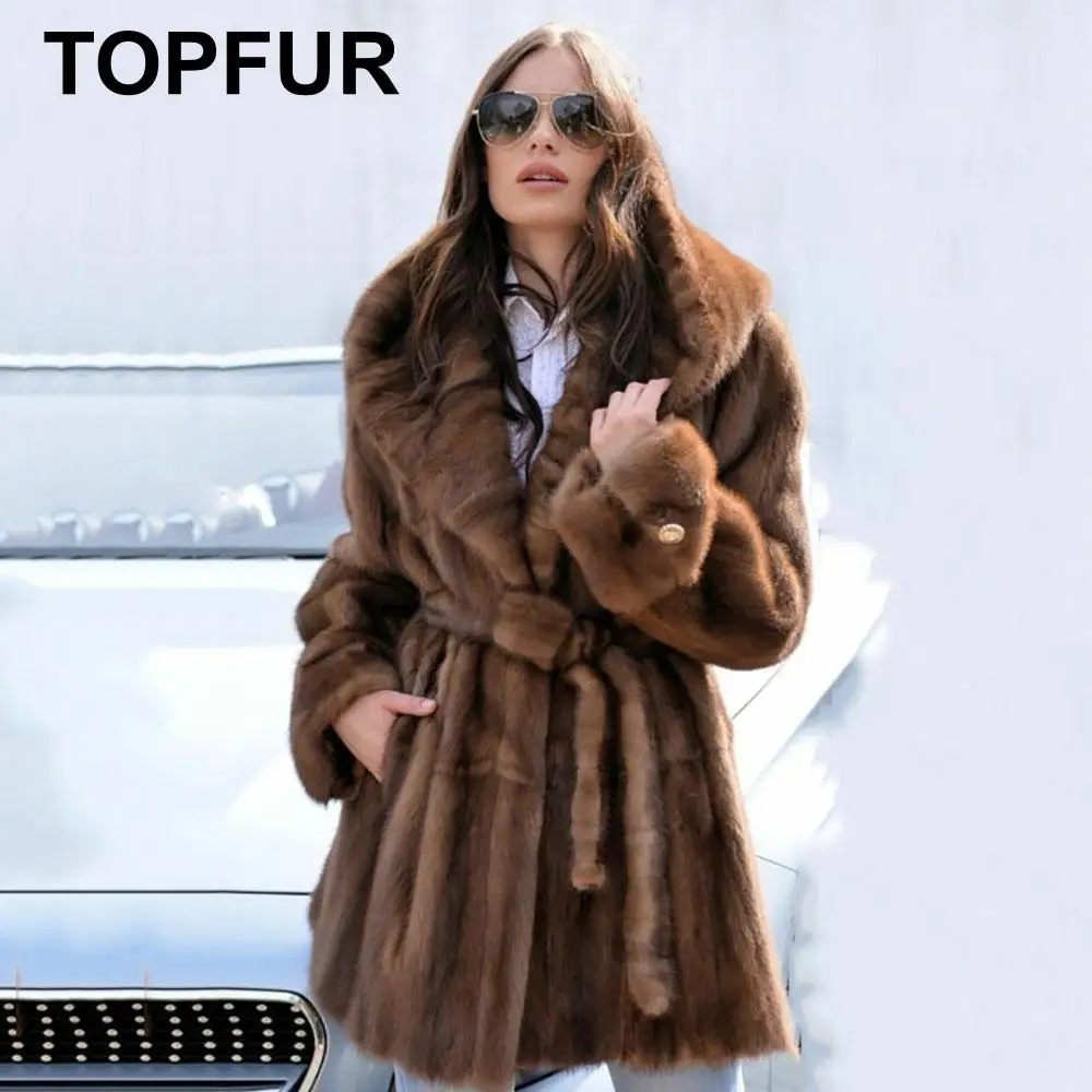 TOPFUR 2021 Новое поступление популярные тонкие натуральные меховые пальто для женщин с большим капюшоном хорошее качество верблюжья шуба из меха норки пальто из натуральной кожи