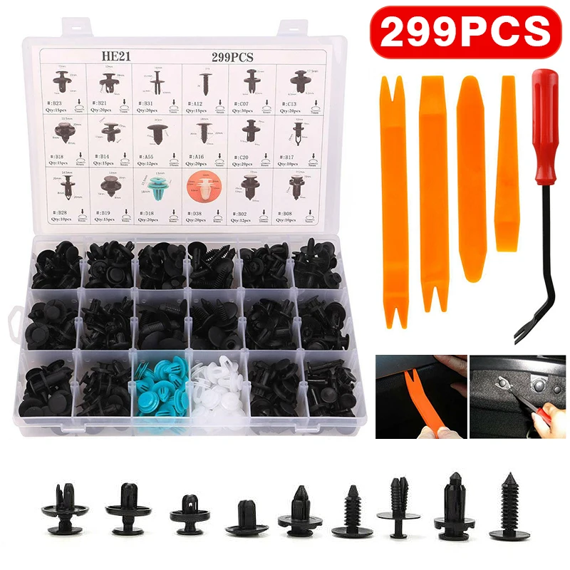 

299pcs Car Body Push Pin Clips Door Panel Fender Bumper Fasteners Rivet with Screwdriver Install Hand Tool