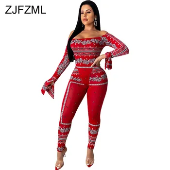 

Printed Sexy Two Piece Sets Womens Clothing Off Shoulder Flare Sleeve High-Cut Bodysuit and Bodycon Pants Festival Club Outfits