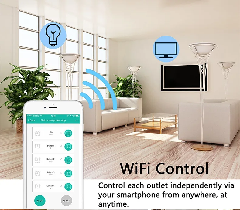 WiFi умный сетевой фильтр с 4 умными штекерами 4 usb портами удлинитель, работа с Alexa и Google Assistant