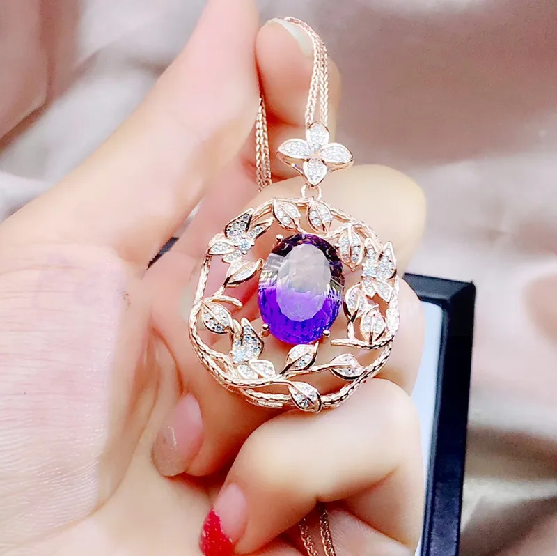 Аметрин ожерелье кулон 6.5ct драгоценный камень 925 серебро цветок стиль ювелирные изделия# J91091