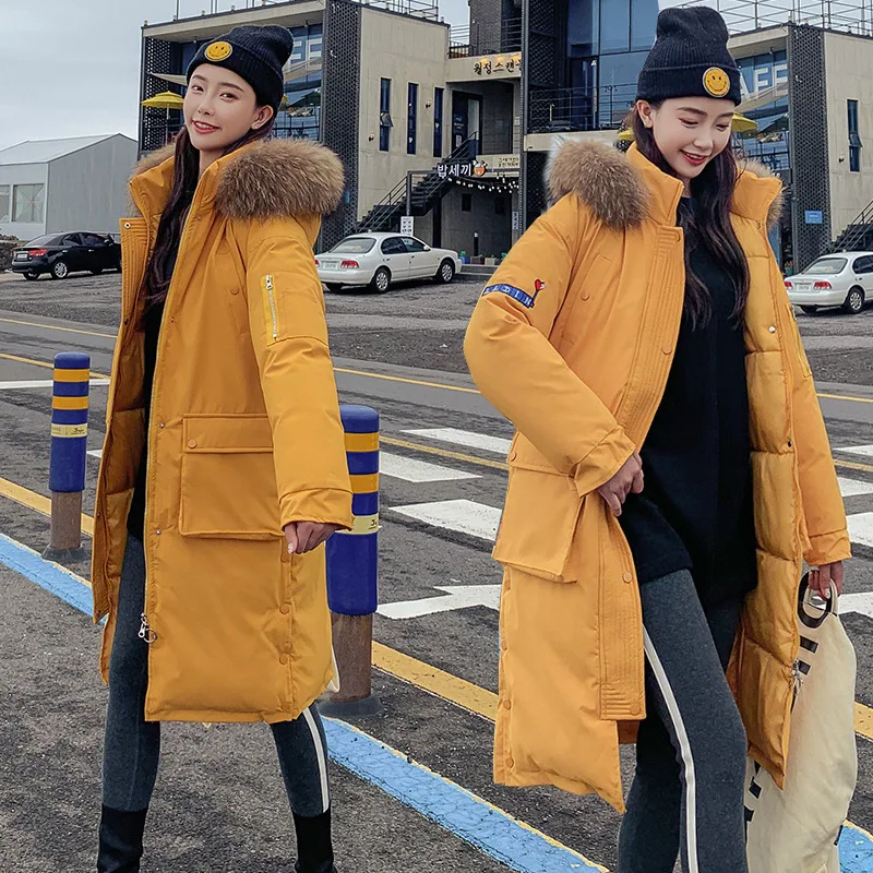 

Europe And America New Style Korean-style over-the-Knee X-long Stereo Large Pocket Large Fur Collar down Jacket Cotton-padded Cl