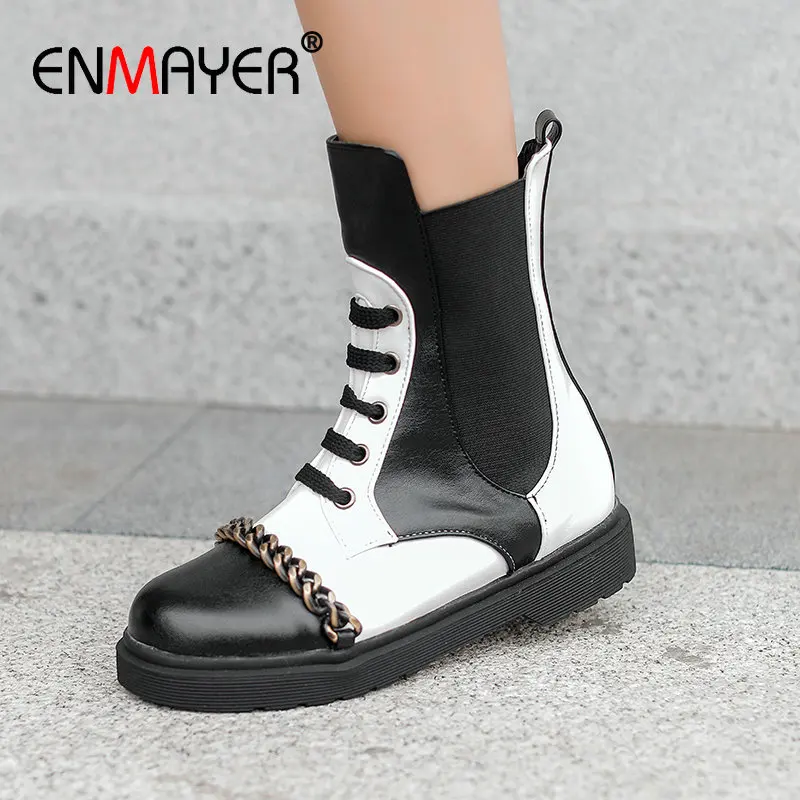 

ENMAYER 2019 Winter Boots Women Synthetic Mid-Calf Lace-Up Basic Round Toe Boots Women Square Heel Women Shoes Size34-43