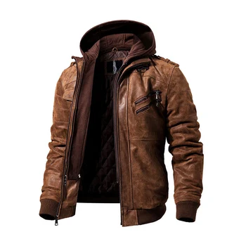 

Fall 2020 Men's Leather Jacket Slim Zipper PU Jackets Hooded Men's Black Casual Street Coats Fashion High Quality Men's Jacket