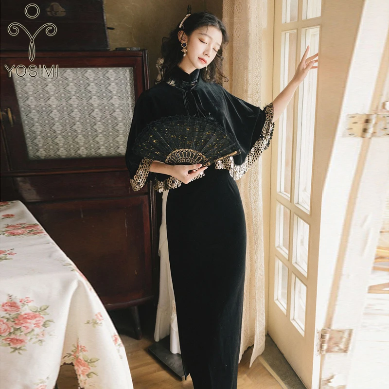 

Embroidery Long Women Dress Elegant 2020 Spring Black Velvet Improved Cheongsam Sheath Evening Party Night Two Piece Outfits Set